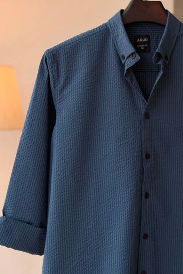 Teal Blue Seersucker Stripes Shirt