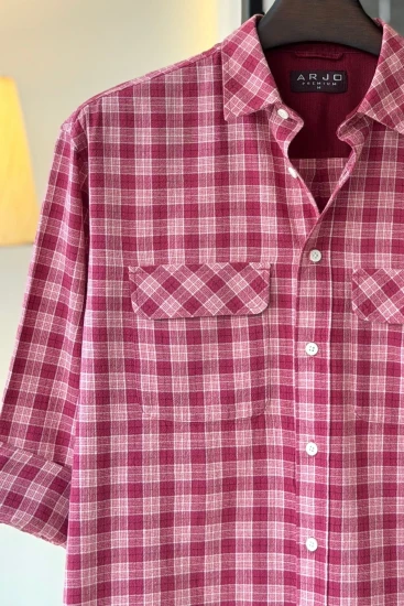 Hibiscus Pink With White & Copper Orange Plaid Check Double Pocket Premium Shirt