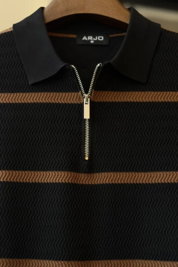 Black With Beige Stripes Short Sleeve Knit With Zipper