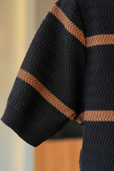 Black With Beige Stripes Short Sleeve Knit With Zipper