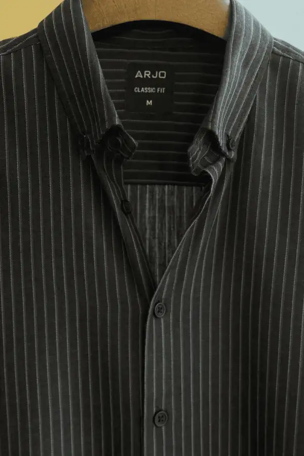 Deep black base with fine white pinstripes shirt