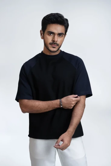 Black with Dark Navy Blue Raglan Drop-Shoulder Premium AirFlex T-Shirt