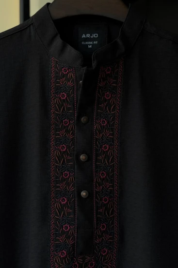 Black with Contrast-Embroidered Textured Panjabi