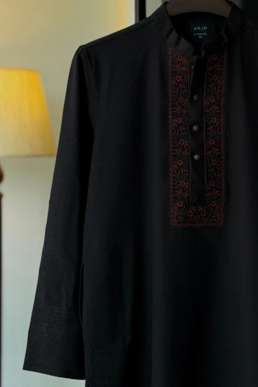Black with Contrast-Embroidered Textured Panjabi