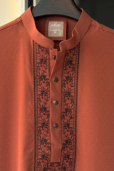 Rusty Orange with Contrast-Embroidered Textured Panjabi