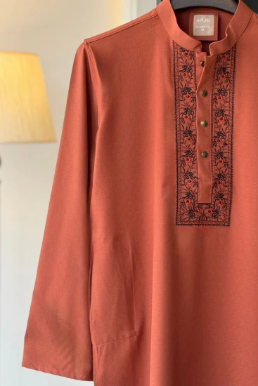 Rusty Orange with Contrast-Embroidered Textured Panjabi