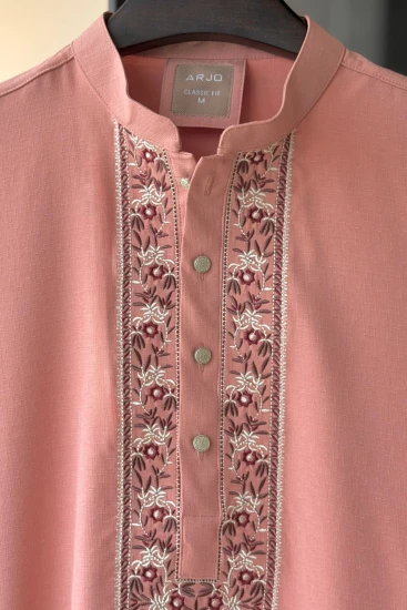 Peach Pink with Contrast-Embroidered Textured Panjabi