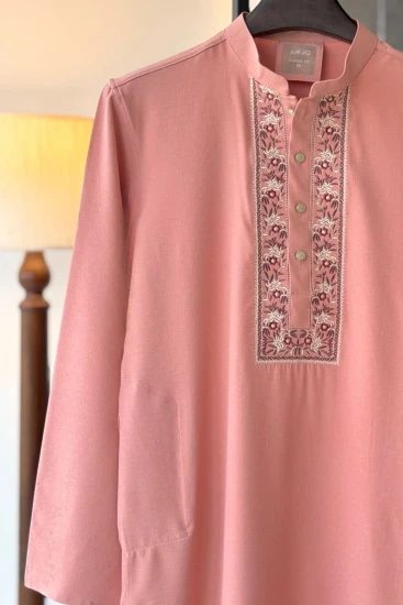 Peach Pink with Contrast-Embroidered Textured Panjabi