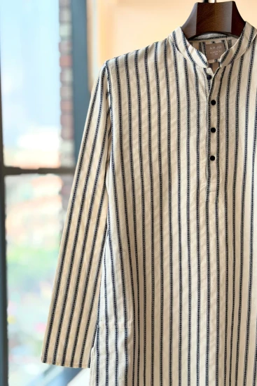 Cream With Navy Blue Vertical Stripe Short Panjabi