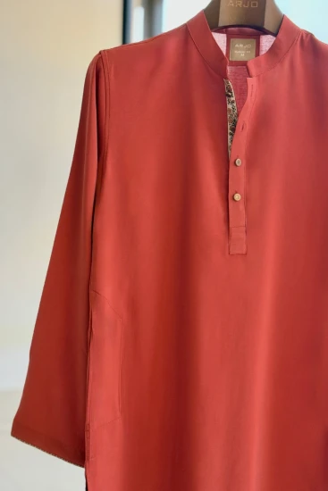 Classic Terracotta Panjabi with Embroidered Placket