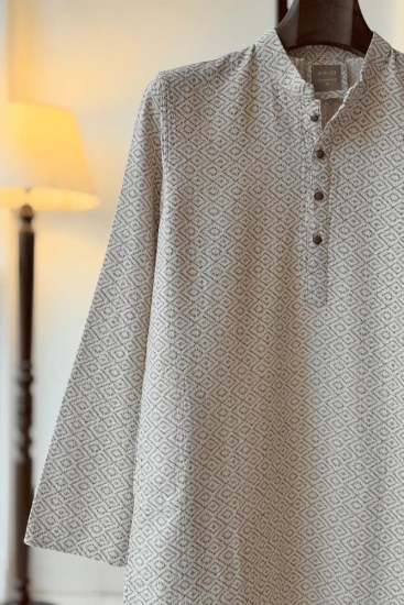 Cream with Chocolate Diamond Pattern Printed Panjabi