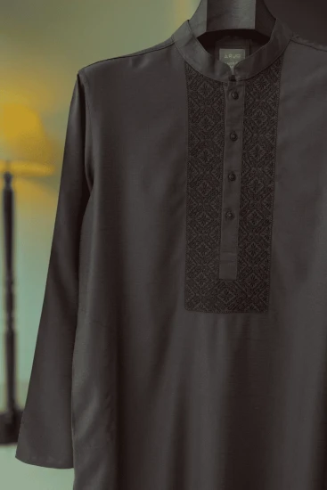 Taupe Grey with Contrast Chocolate Embroidery Panjabi
