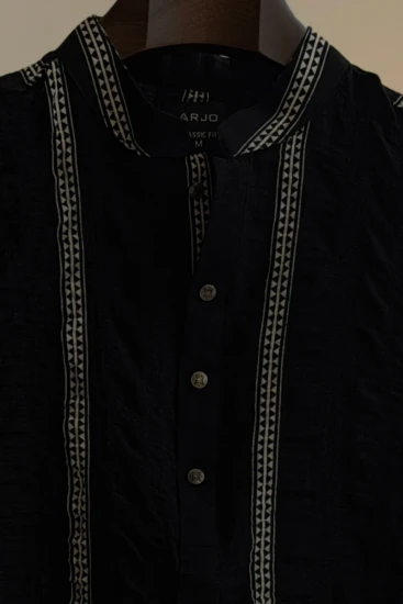 Black with White Printed Stripe Textured Panjabi