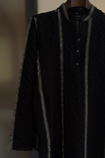 Black with White Printed Stripe Textured Panjabi