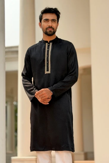 Black with Contrast Embroidered Panjabi