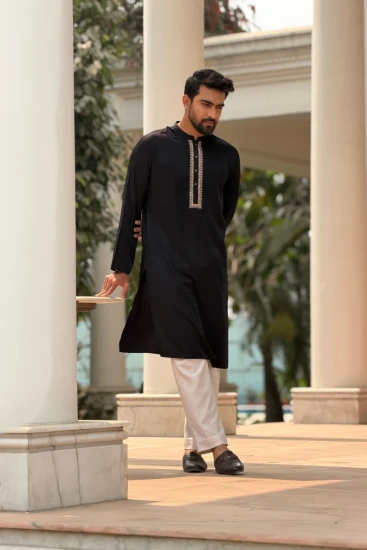 Black with Contrast Embroidered Panjabi